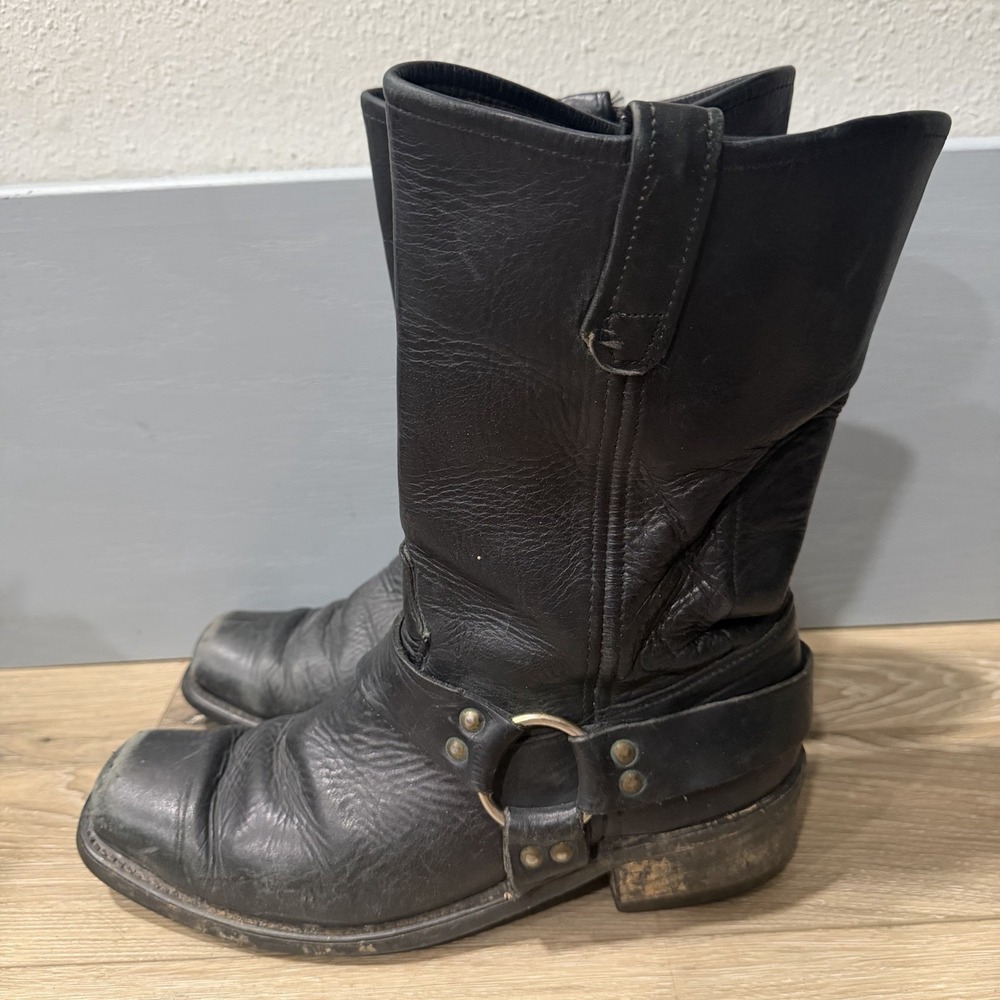 Vtg Black Leather Harness Boots Engineer Square Toe USA Western Sz 10.5 Mens